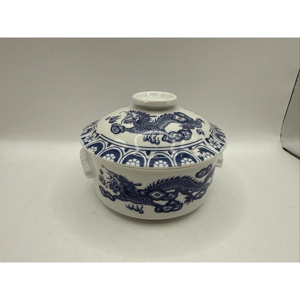 Chinoiserie Blue And White Tureen With Dragons 5" Rice Bowl Embossed Porcelain